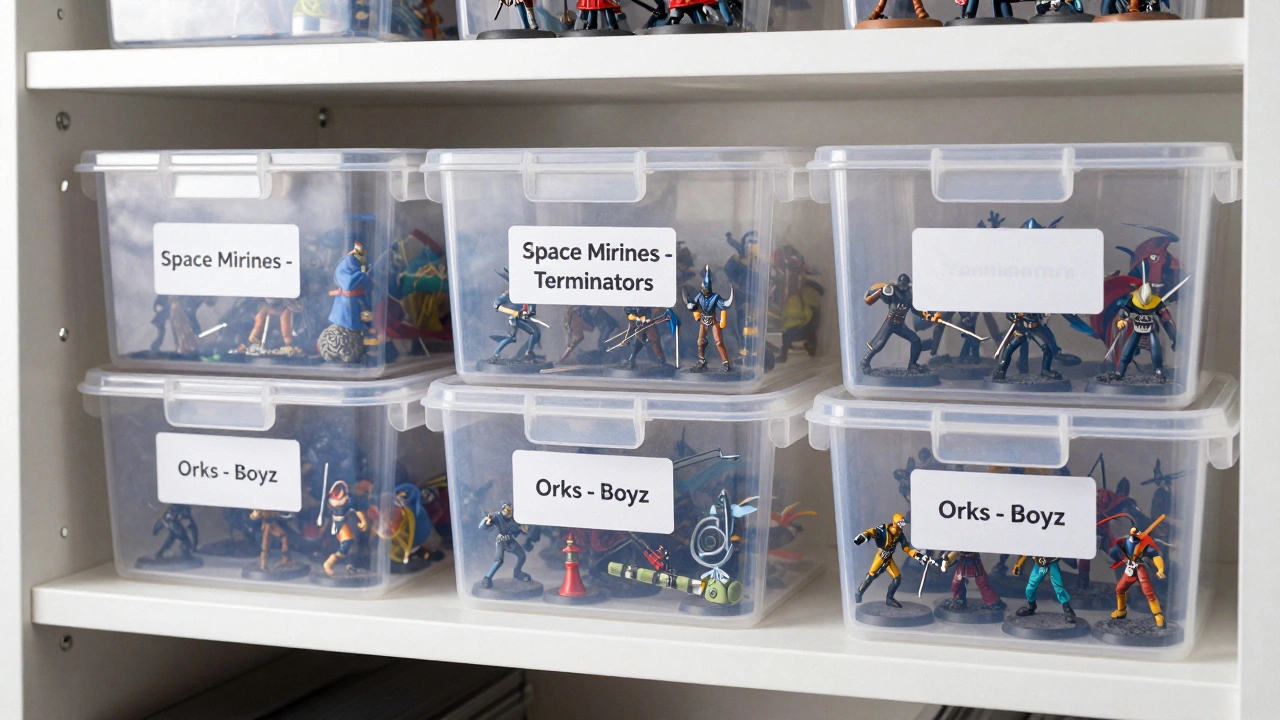 Организованное хранение миниатюр в прозрачных контейнерах с этикетками