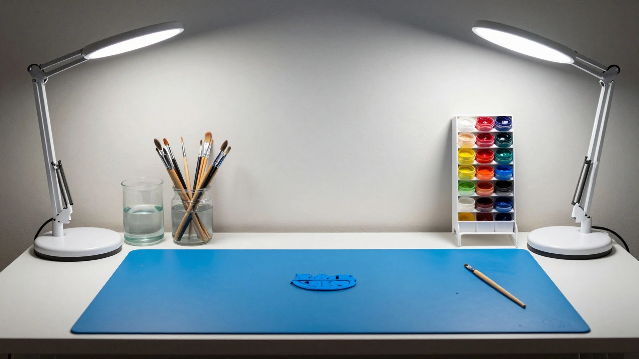 Организованное рабочее место художника с лампой, силиконовым ковриком и красками