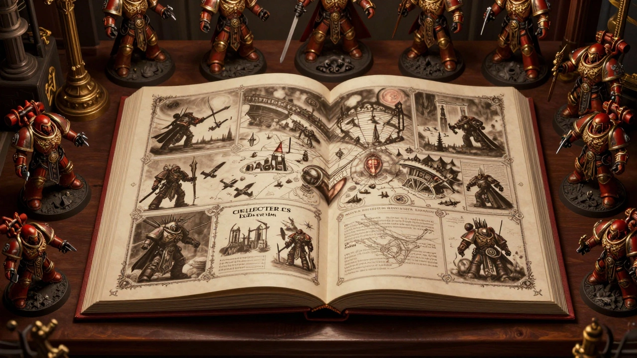 Открытая книга с детальными иллюстрациями и миниатюры Warhammer 40K на полке коллекционера.