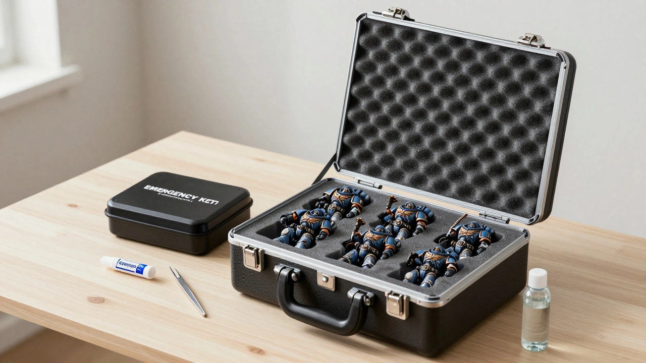 Открытый кейс с поролоновыми ложементами для миниатюр и набор для быстрого ремонта
