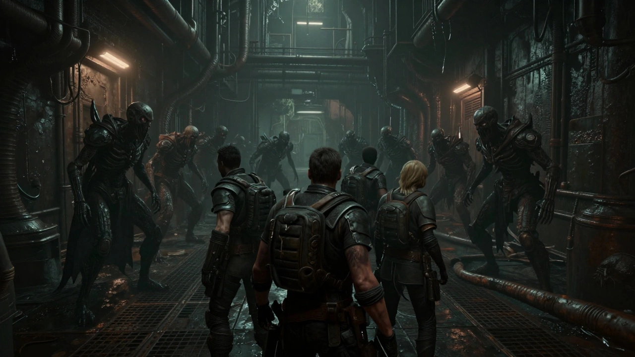 Отряд бойцов сдерживает толпу еретиков в темном готическом коридоре города-улья