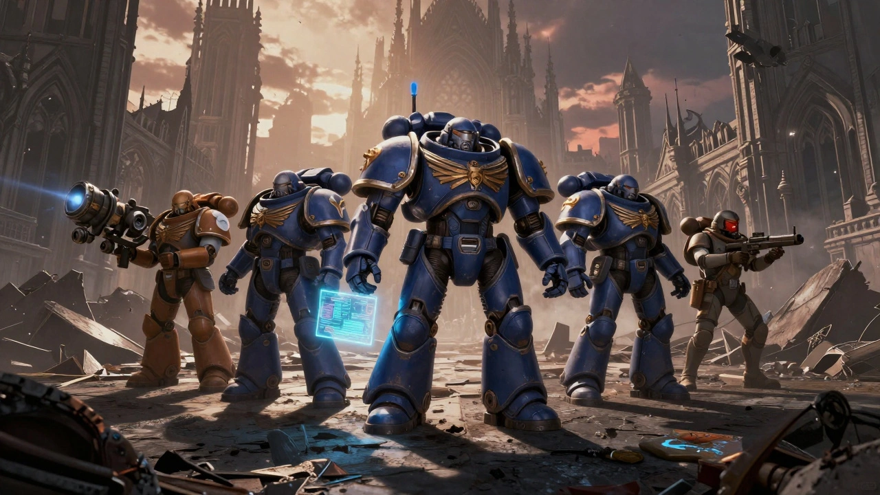 Отряд космодесантников разных классов исследует руины готического города