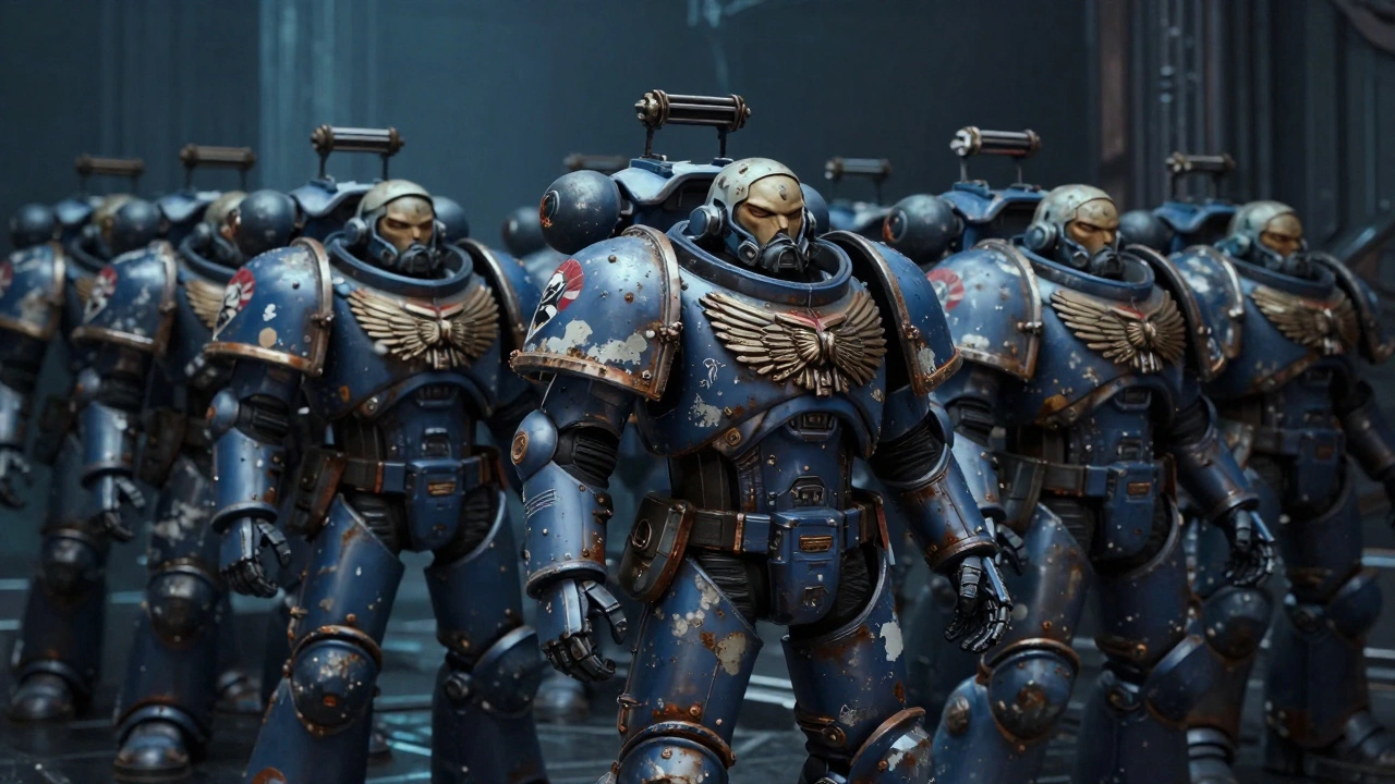 Отряд космодесантников с состаренными кастомными декалями на броне