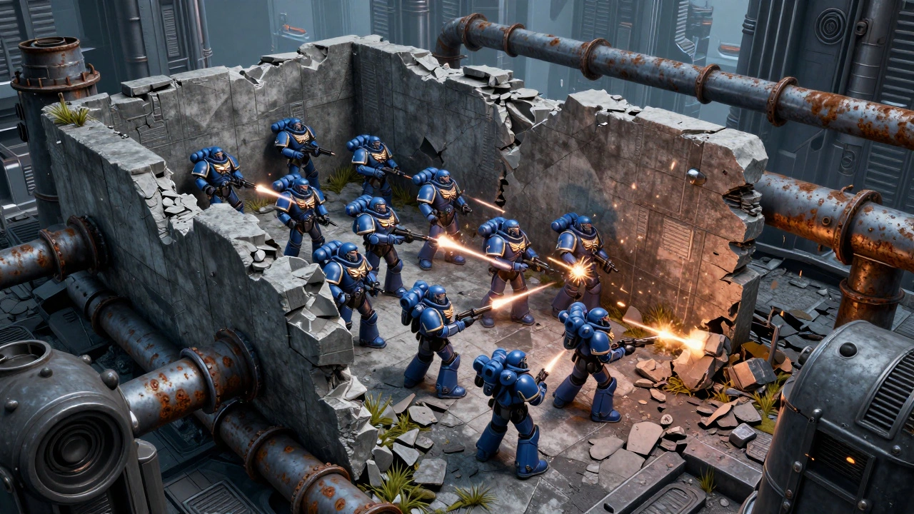 Отряд космодесантников укрывается за бетонными руинами от вражеского огня