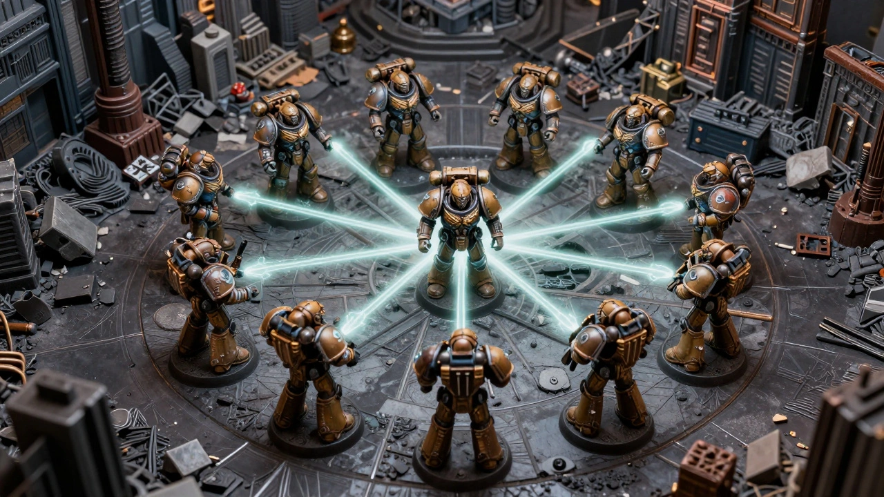 Отряд космодесантников в плотном строю с визуализацией связей между бойцами