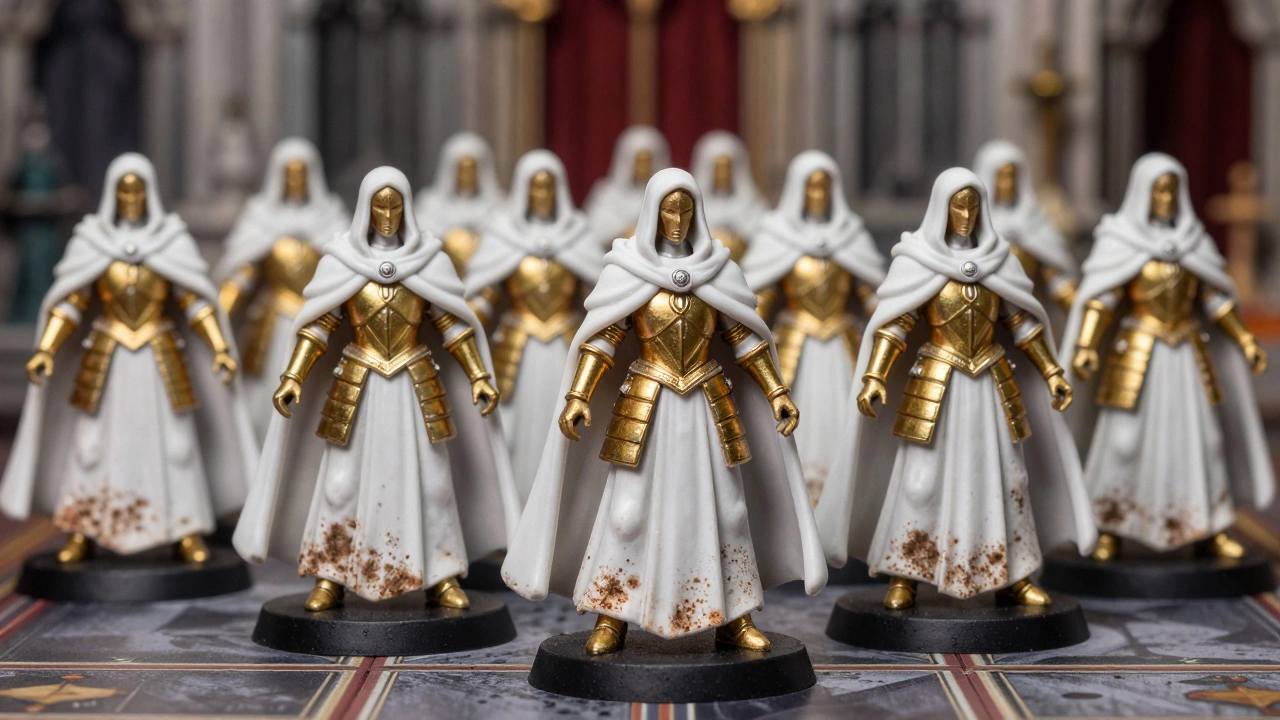 Отряд полностью покрашенных Сестер Битвы в белых клоаках и золотой броне