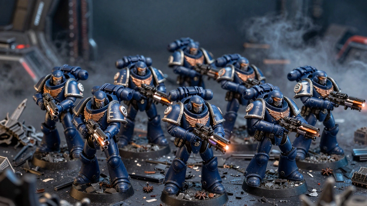 Отряд уникальных, покрашенных космодесантников с модифицированным оружием на игровом столе