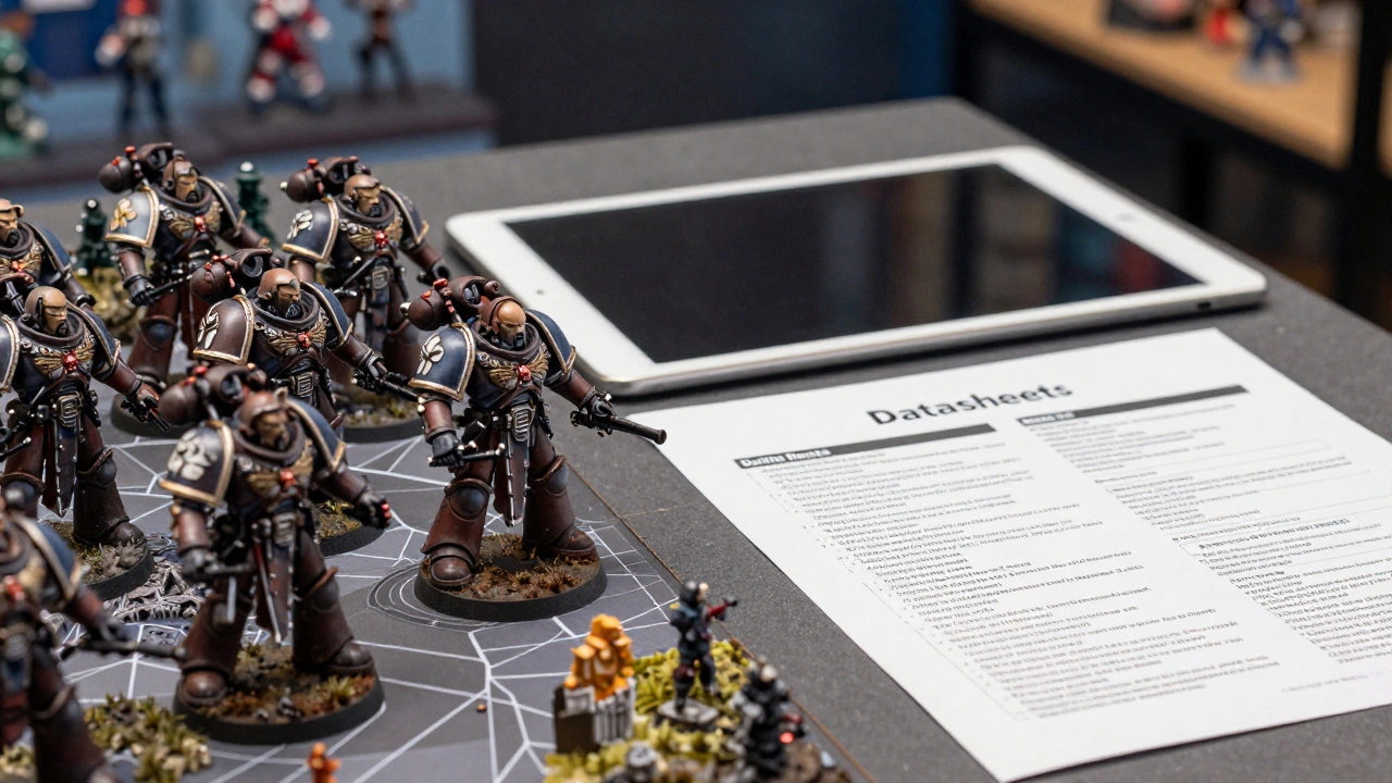 Покрашенные миниатюры Warhammer 40K и листы с правилами на игровом столе