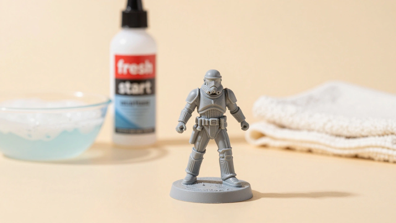 Полностью очищенная серая пластиковая фигурка на фоне инструментов для хобби