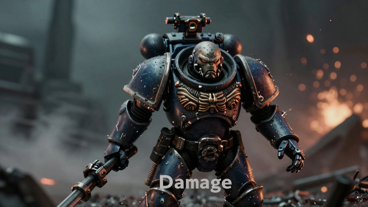 Поврежденная миниатюра солдата с отметинами боя на фоне дыма и искр