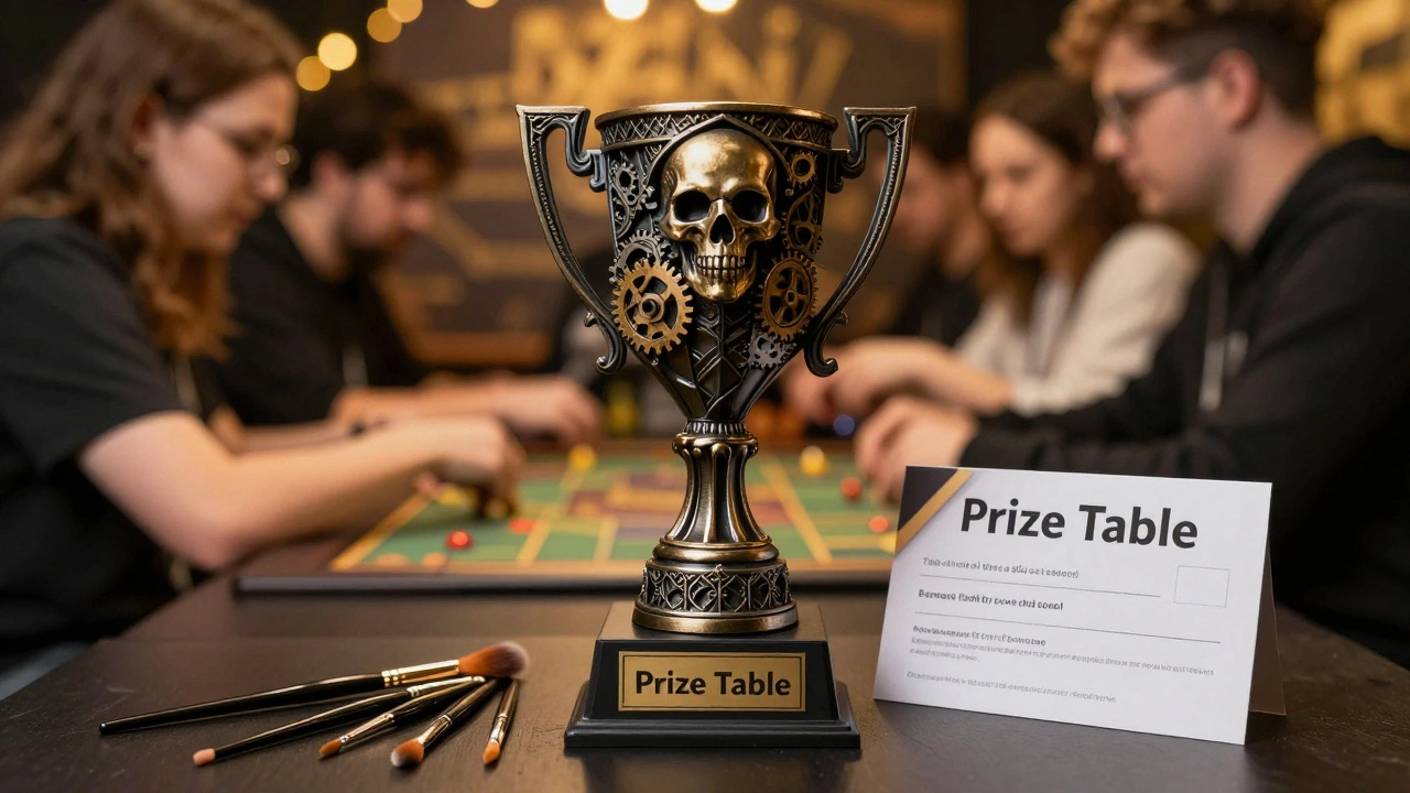 Призовой стол с готическим кубком, кистями и сертификатом в магазин хобби