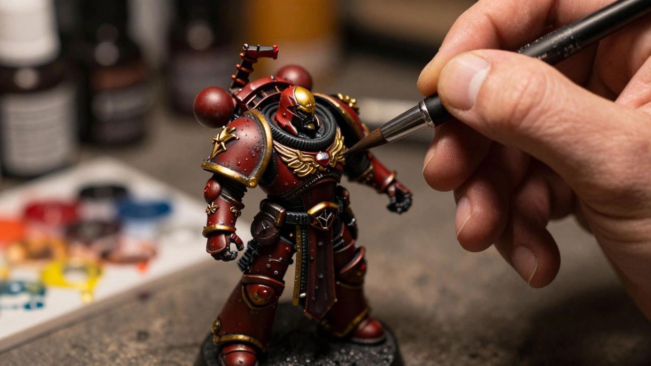 Процесс детальной покраски 3D-печатного капитана в красную и золотую броню.