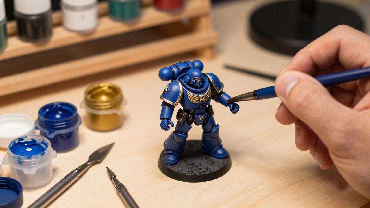 Процесс детальной покраски миниатюры космодесантника на рабочем столе