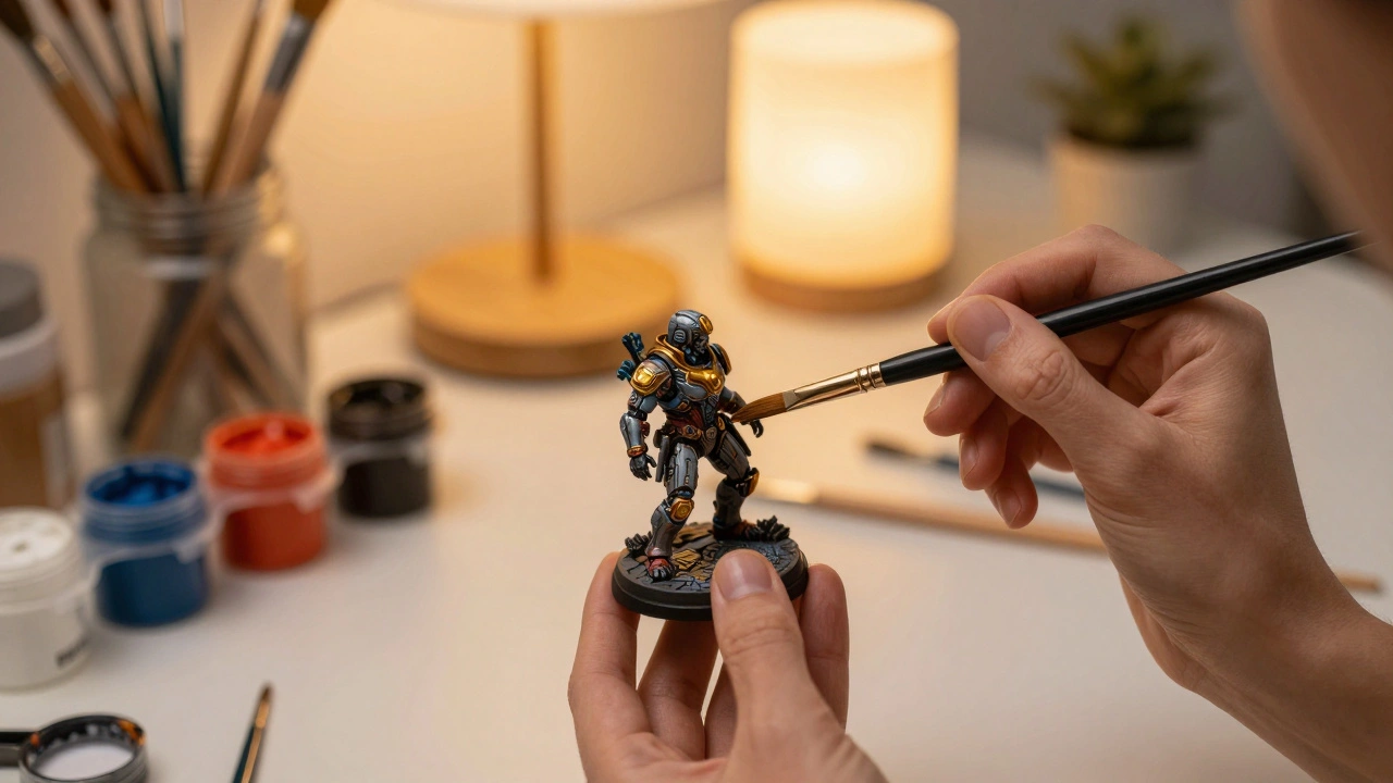 Процесс детальной покраски миниатюры за рабочим столом хоббиста