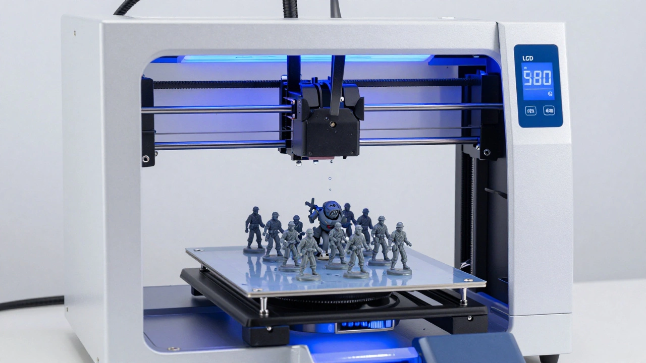 Процесс фотополимерной 3D-печати миниатюр с поднятием платформы из ванночки со смолой.