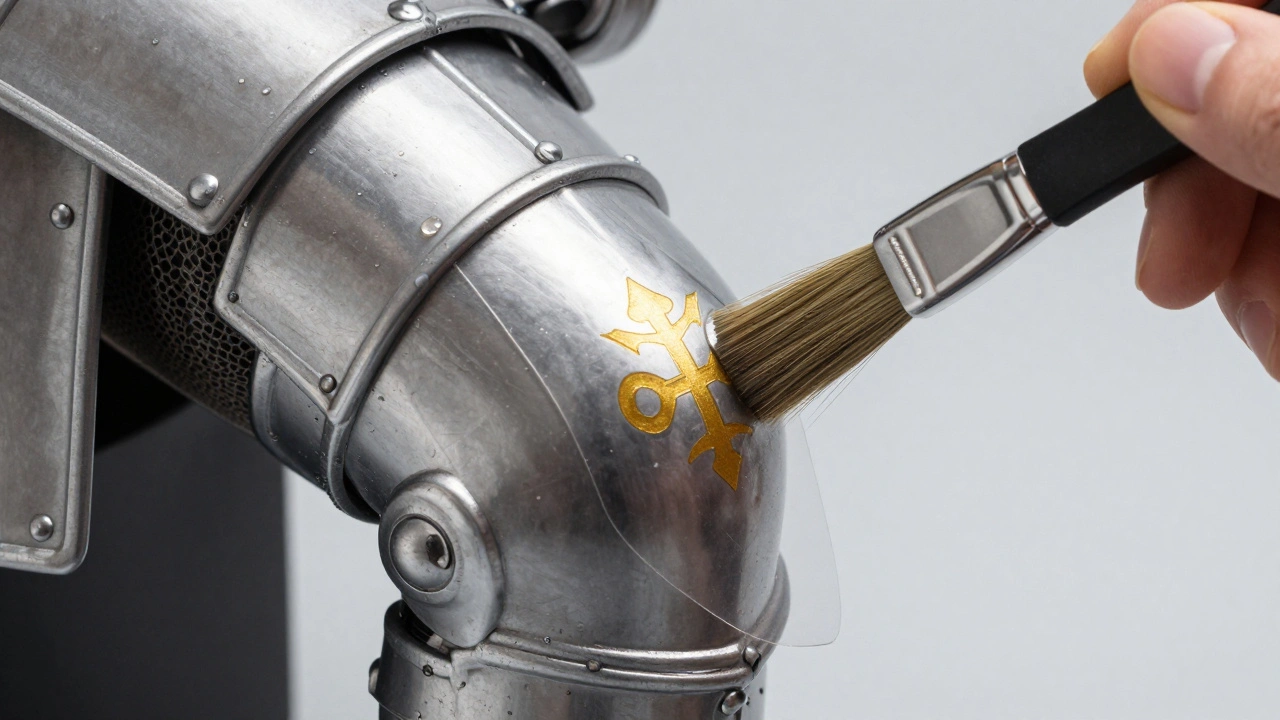 Процесс нанесения водослайд-декали на колено миниатюры кистью