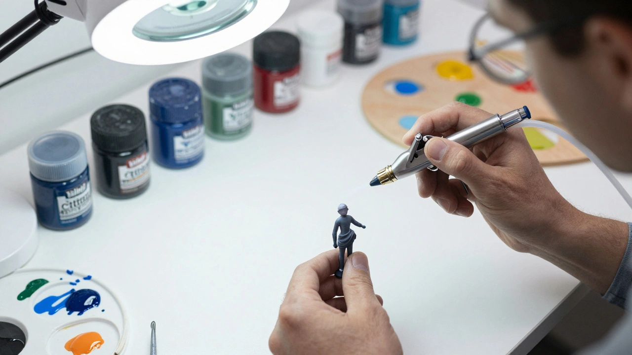 Процесс нанесения защитного УФ-лака на миниатюру с помощью аэрографа