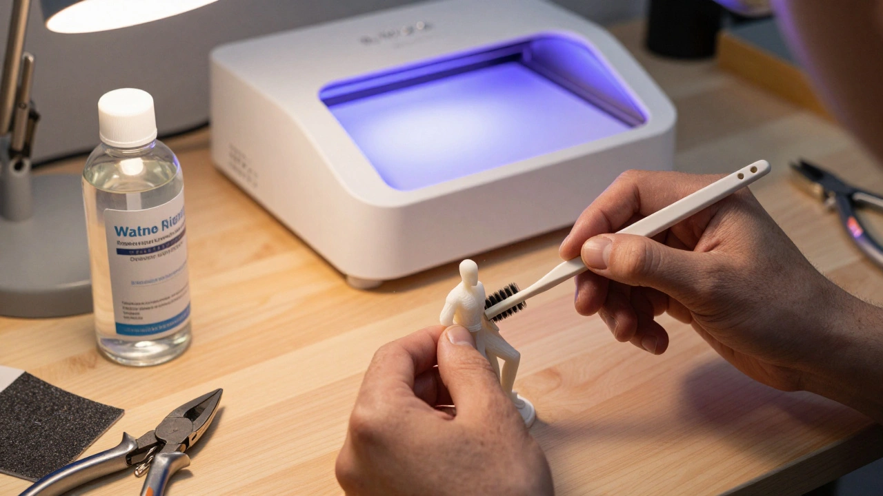 Процесс очистки 3D-печатной миниатюры зубной щеткой в спирте на рабочем столе
