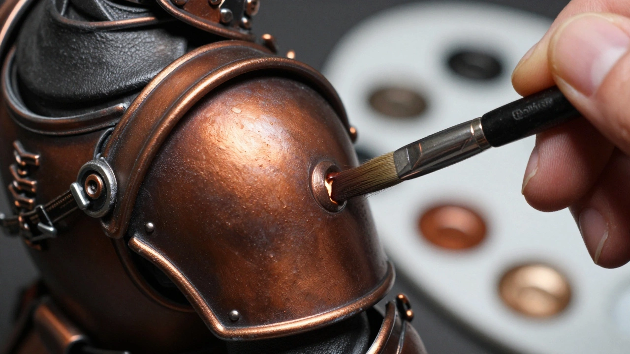 Процесс покраски наплечника миниатюры в цвет глубокой бронзы