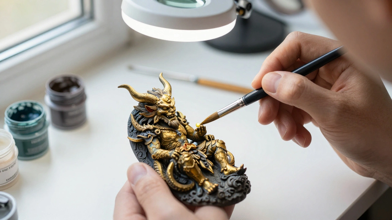 Процесс профессионального покраса миниатюры детализированной кистью