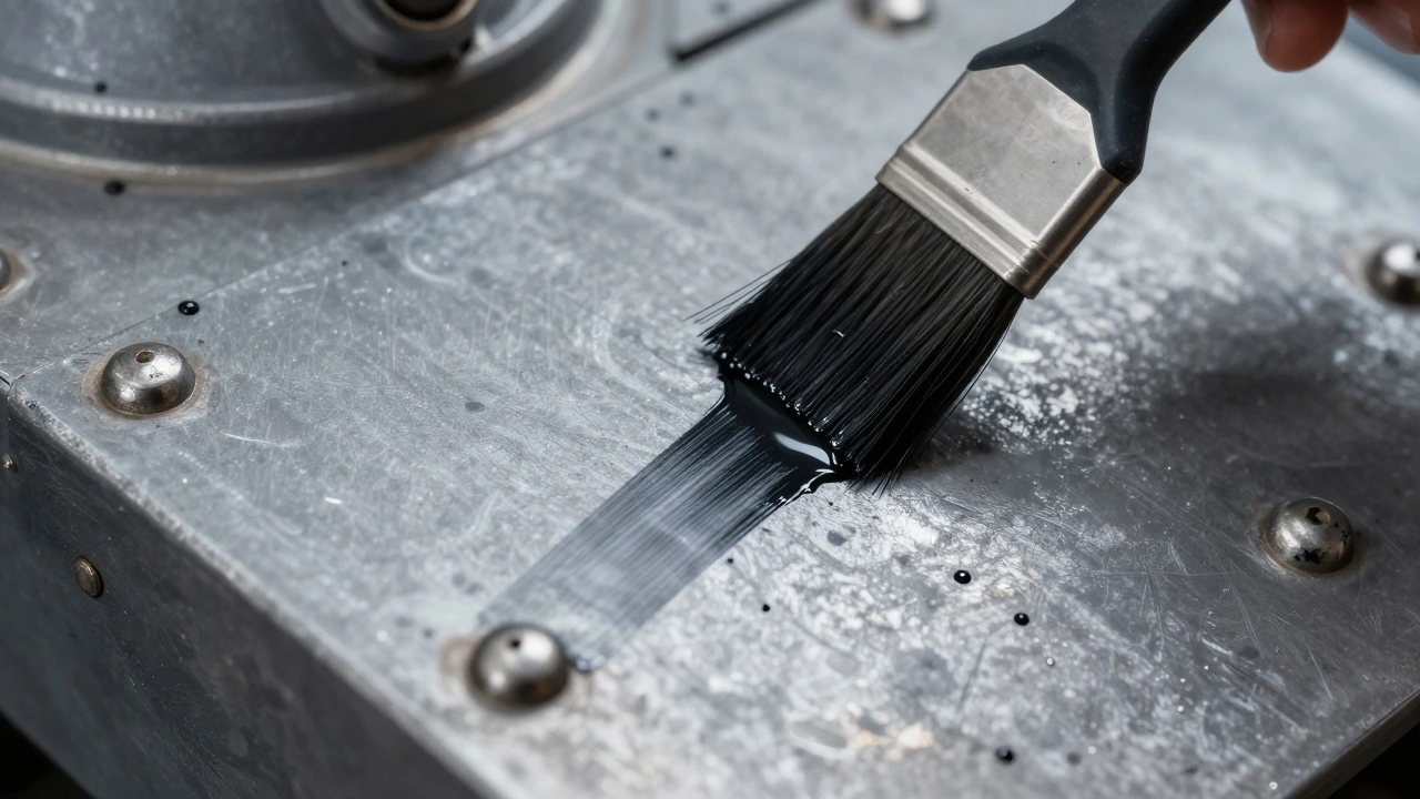 Процесс создания масляного подтёка от заклепки на броне миниатюры с помощью кисти