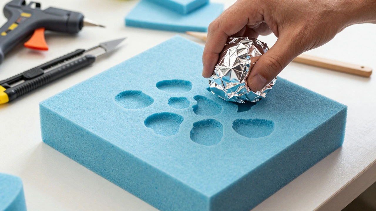 Процесс создания текстуры камня на XPS-пенопласте с помощью шарика из фольги