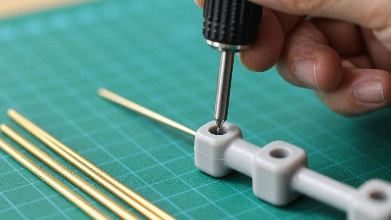 Процесс сверления отверстия в пластиковой миниатюре с помощью ручной дрели и латунных штифтов