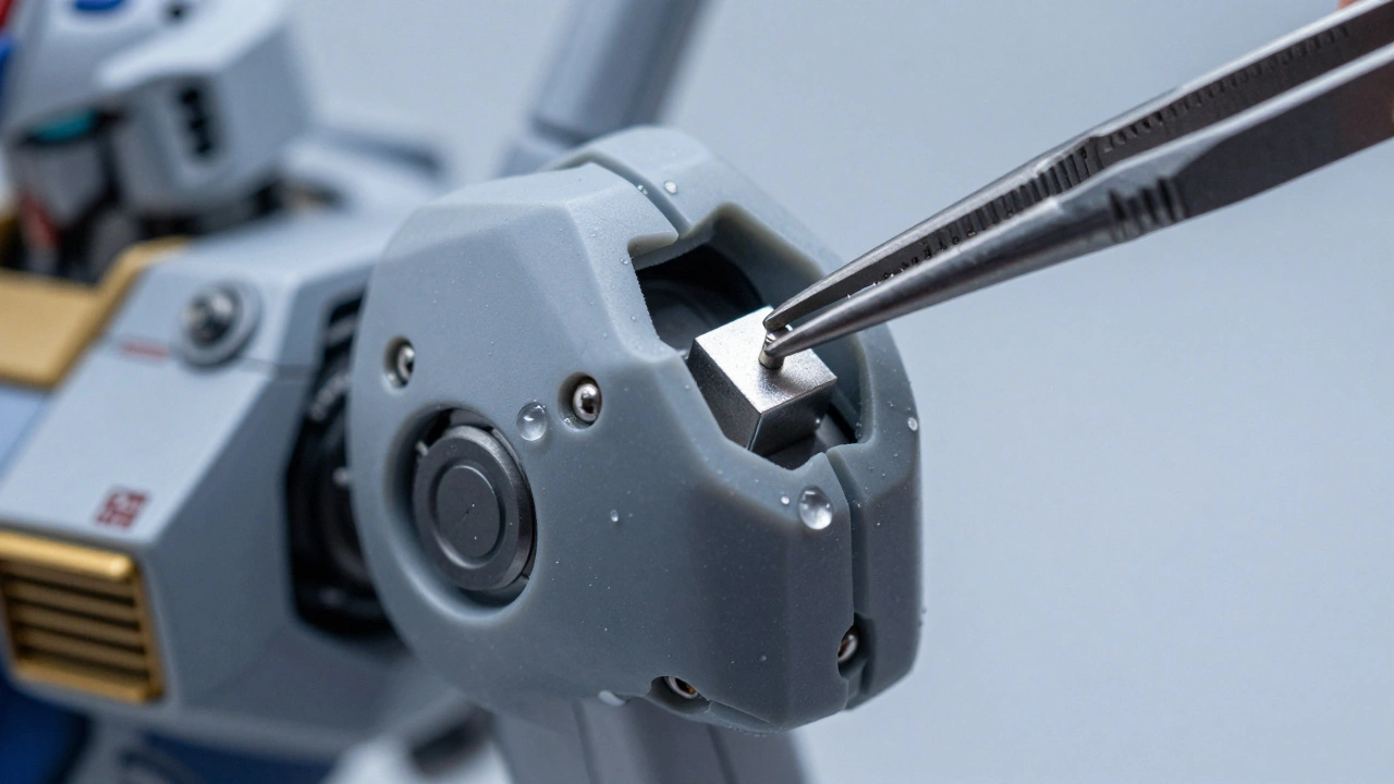 Процесс установки неодимового магнита в сустав огромной модели титана