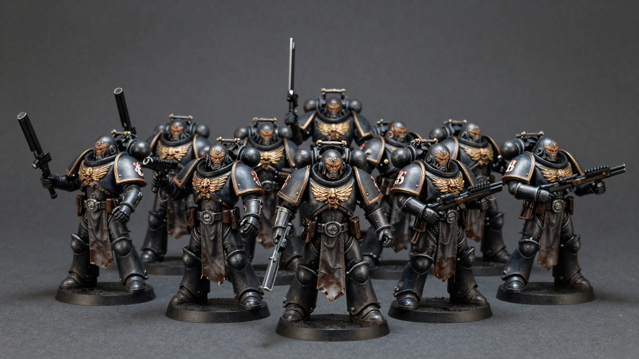 Профессиональное фото покрашенного отряда миниатюр Warhammer 40K на сером фоне