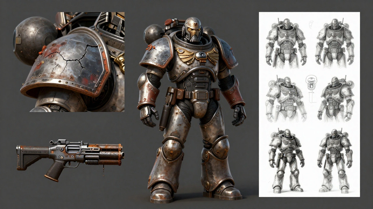 Профессиональный концепт-лист космодесантника с деталями изношенной брони и оружия