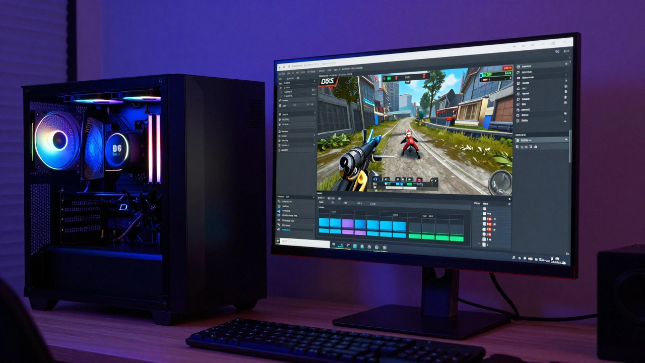 Рабочее место стримера с открытой программой OBS Studio и мощным ПК