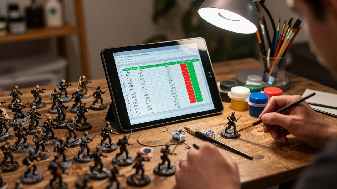 Рабочий стол хоббиста с миниатюрами и таблицей расчетов на планшете
