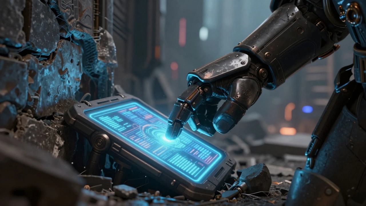 Рука космодесантника поднимает светящийся инфопланшет из-под обломков стены