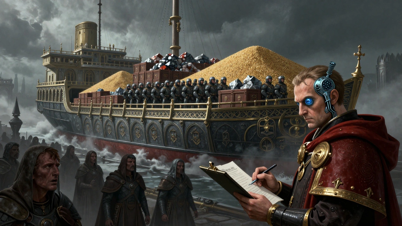 Сбор имперской десятины: погрузка ресурсов и солдат на огромный транспортный корабль