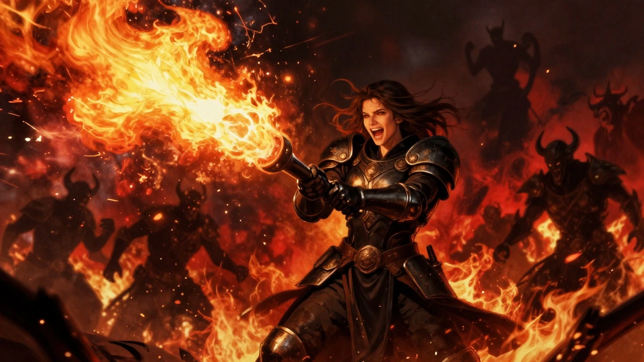 Сестра Битвы использует тяжёлый огнемет против еретиков