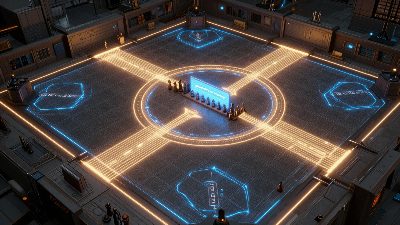 Схематичный вид игрового стола с голографическими линиями обзора и позиционированием