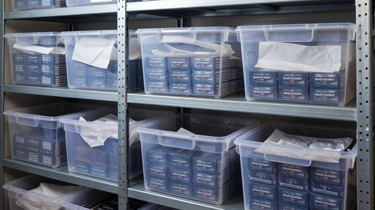 Система хранения коробок в прозрачных пластиковых контейнерах на полках