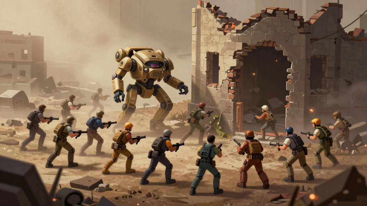 Скоординированный маневр нескольких отрядов миниатюр в руинах футуристического города