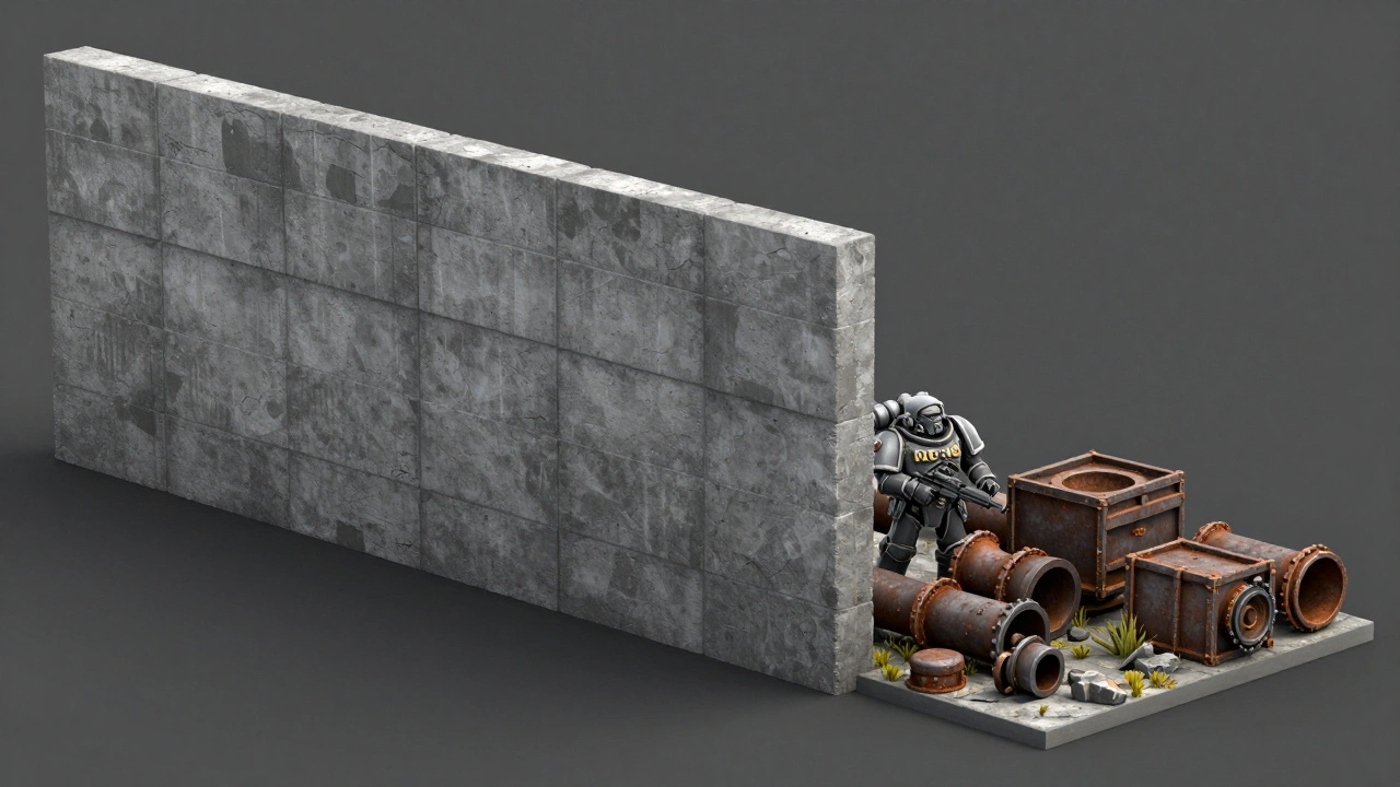 Сравнение блокирующего серого террейна и декоративных коричневых укрытий из труб и ящиков