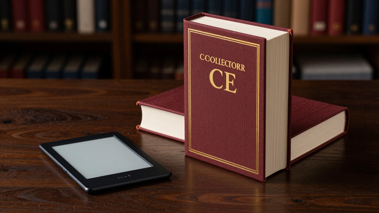 Сравнение электронного ридера и массивного коллекционного издания книги в дорогом переплете.