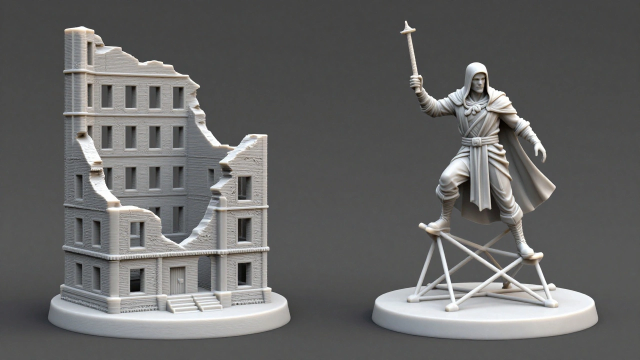 Сравнение грубой FDM-печати здания и высокоточной SLA-печати миниатюры с поддержками