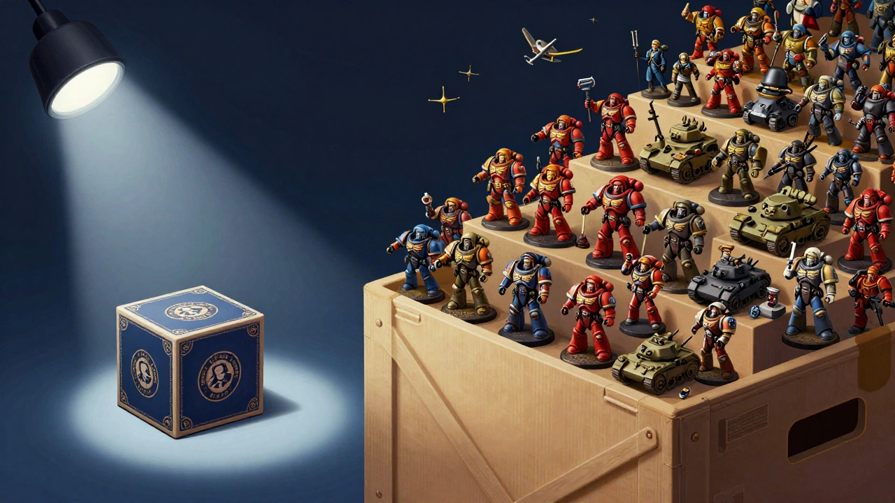 Сравнение одной дорогой коробки и огромного лота миниатюр из транспортного ящика