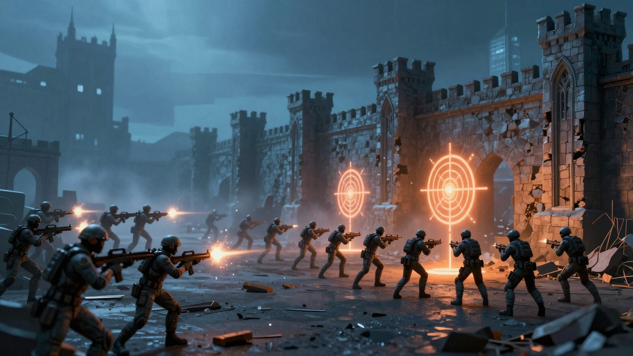 Сравнение стратегий: отряд солдат захватывает светящуюся точку контроля на поле боя.