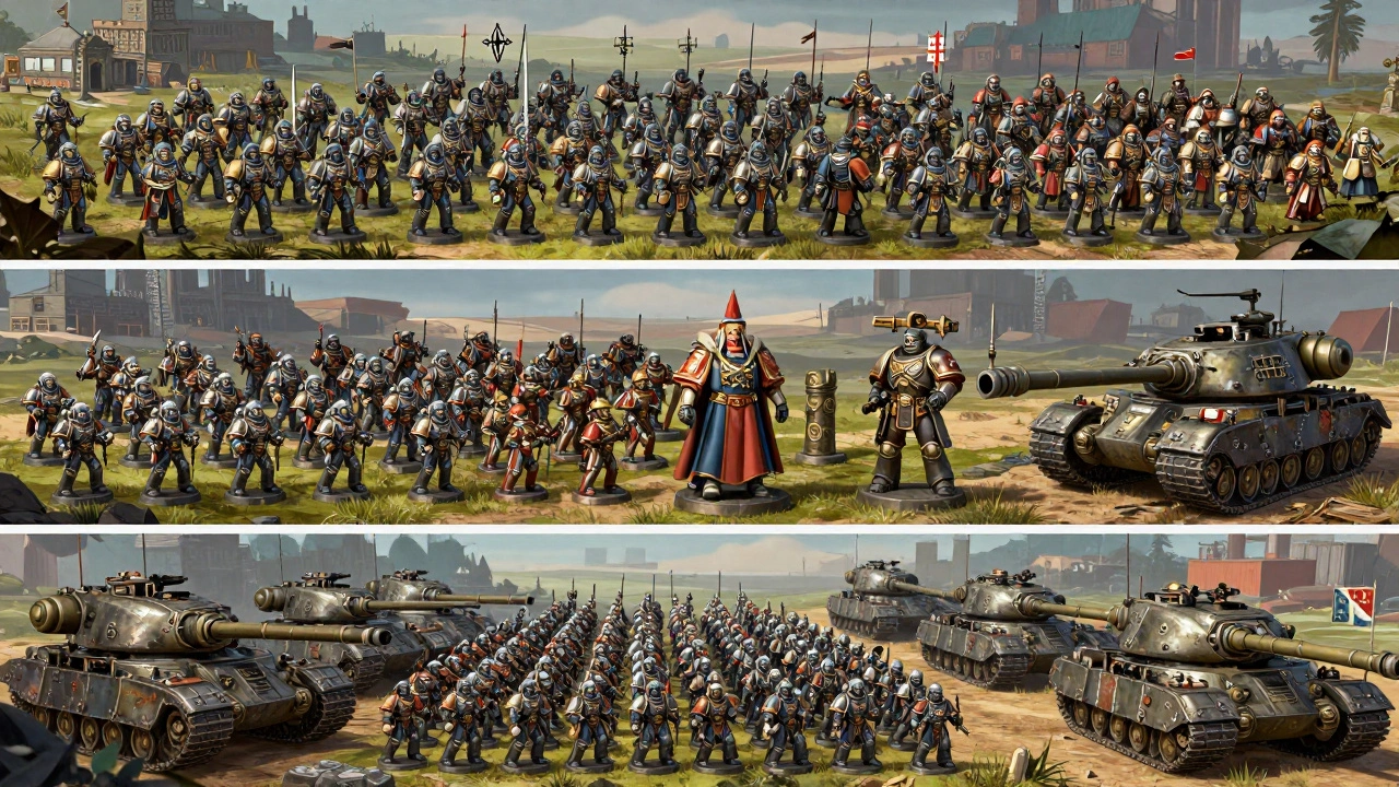 Сравнение трех масштабов армий: от элитного отряда до массового наступления с техникой