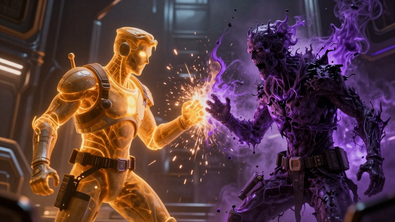 Столкновение золотого света вдохновения и фиолетового тумана страха между воинами