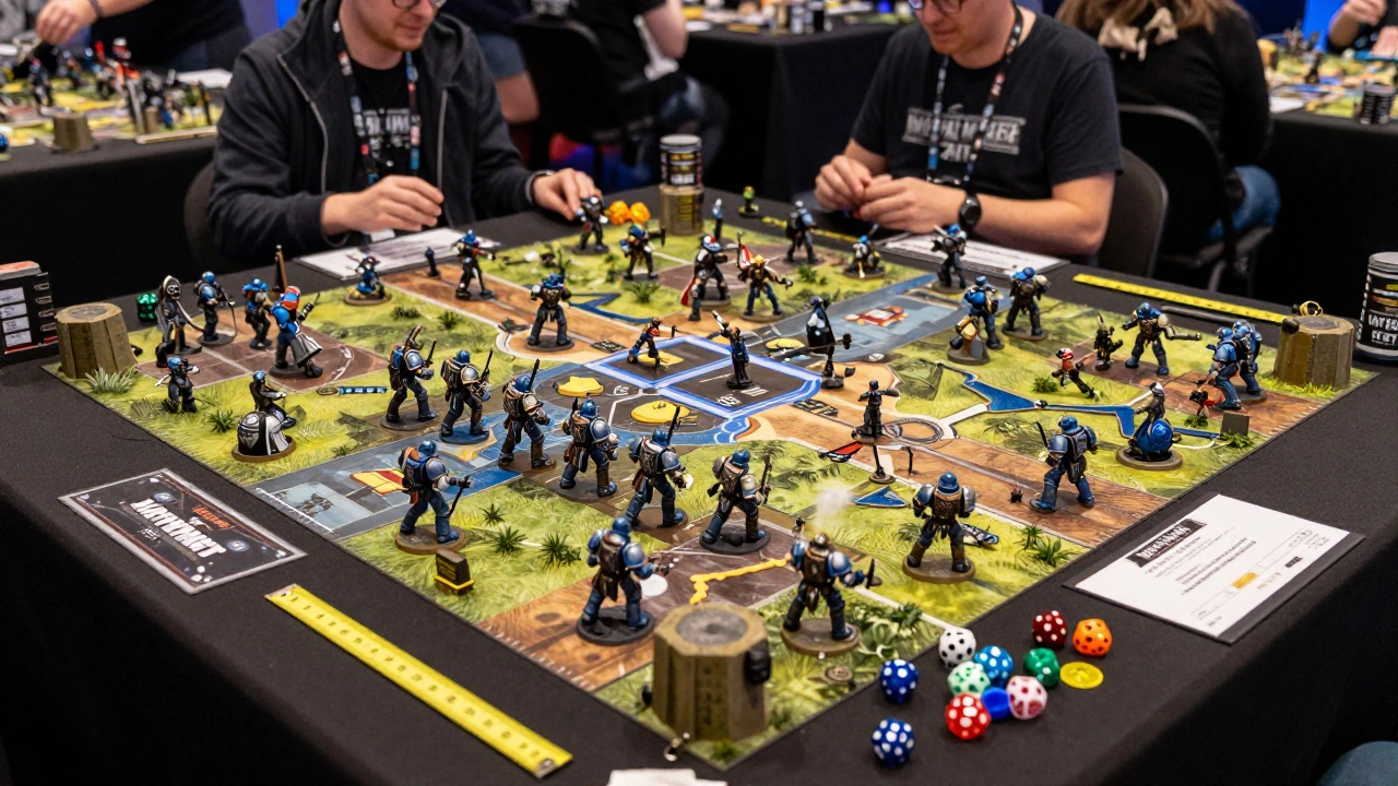 Тактическая битва армий Warhammer 40K на турнирном столе с измерительными приборами