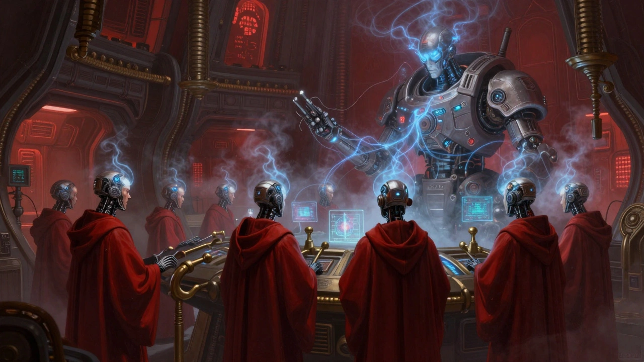 Техножрецы Адептус Механикус в командной рубке Титана в мистическом трансе