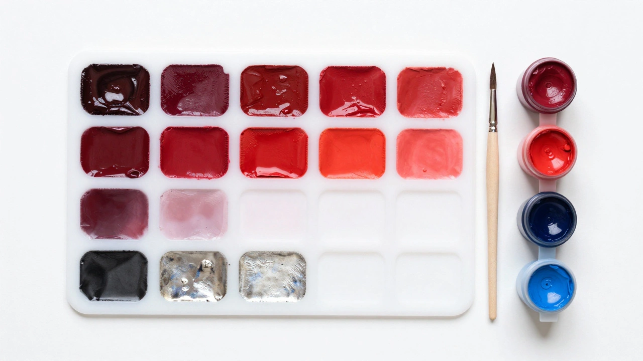 Тестовые выкрасы различных оттенков красного и окисленного металла на пластике