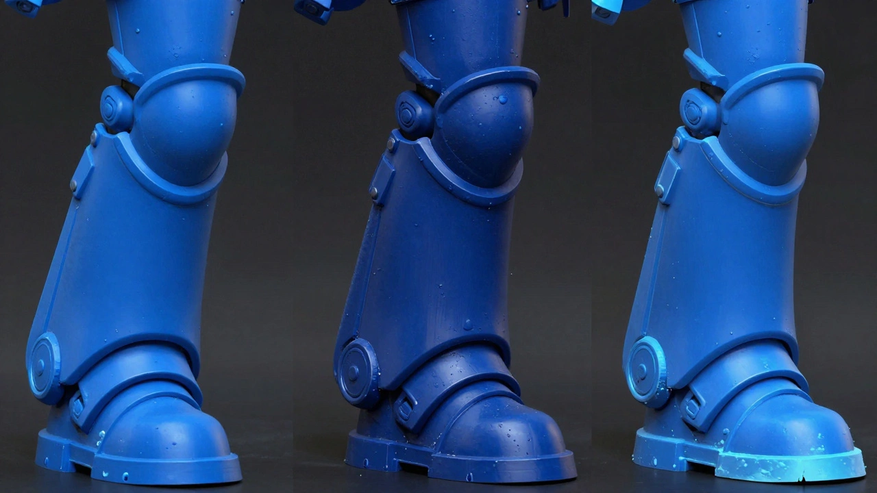 Три этапа покраса ноги Ультрамарина: базовая краска, наложение слоев и сухая кисть