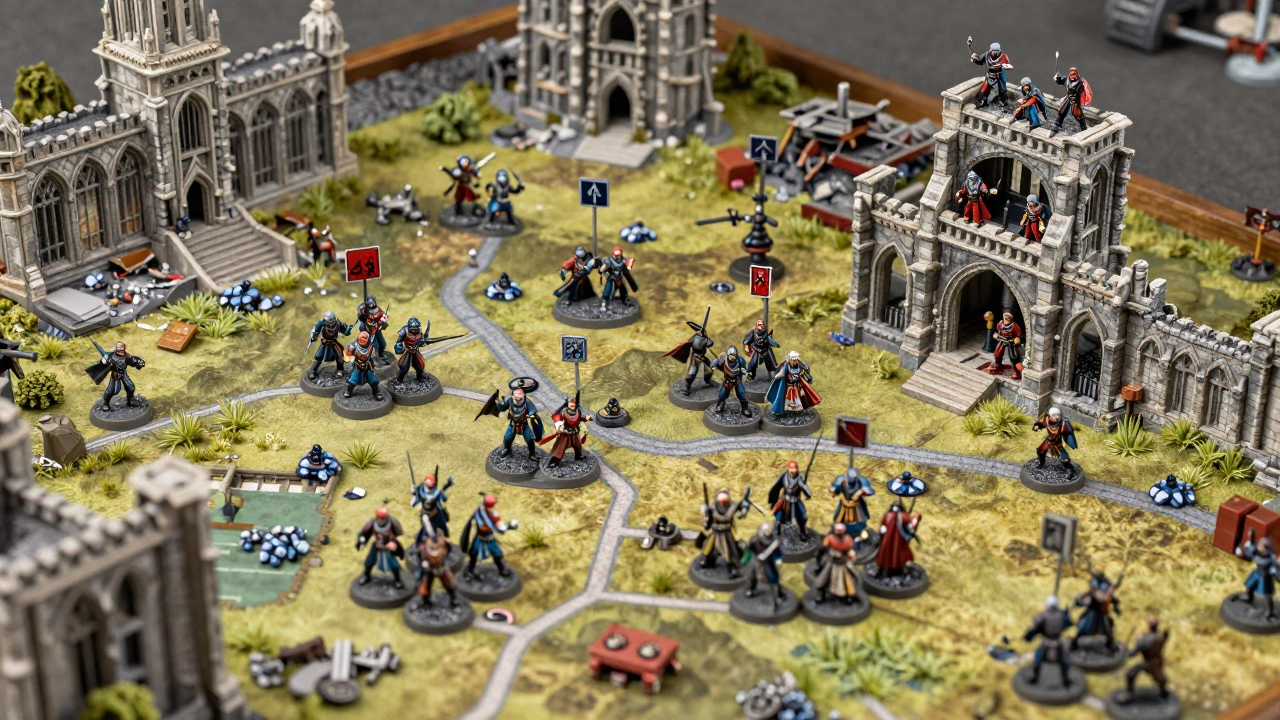 Вид сверху на расстановку миниатюр вокруг точек контроля на игровом столе